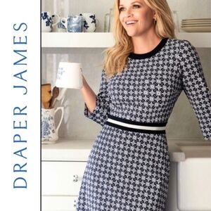 Draper James Persley Ponte Knit Dress Honeycomb Floral Blue & White Size L